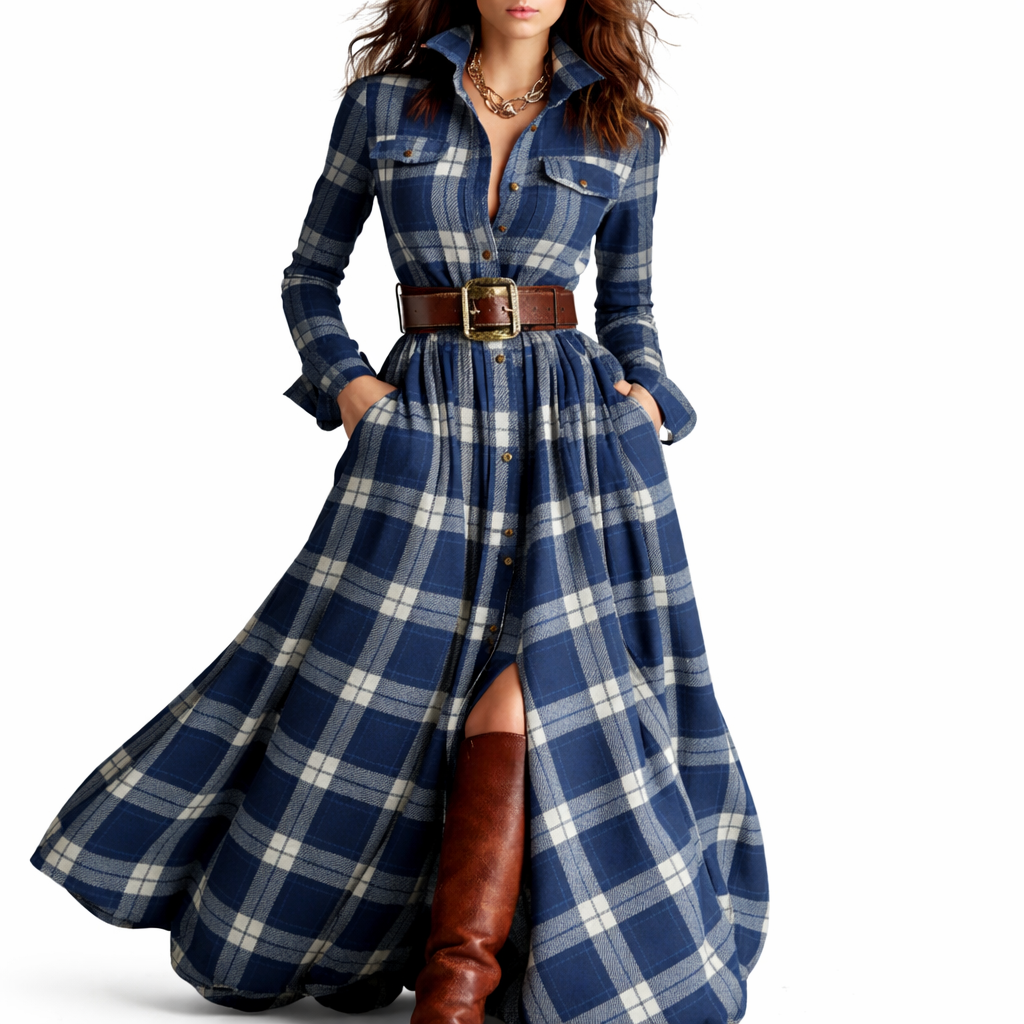 Noa - Vestido camisero Maxi de Cuadros y Versátil