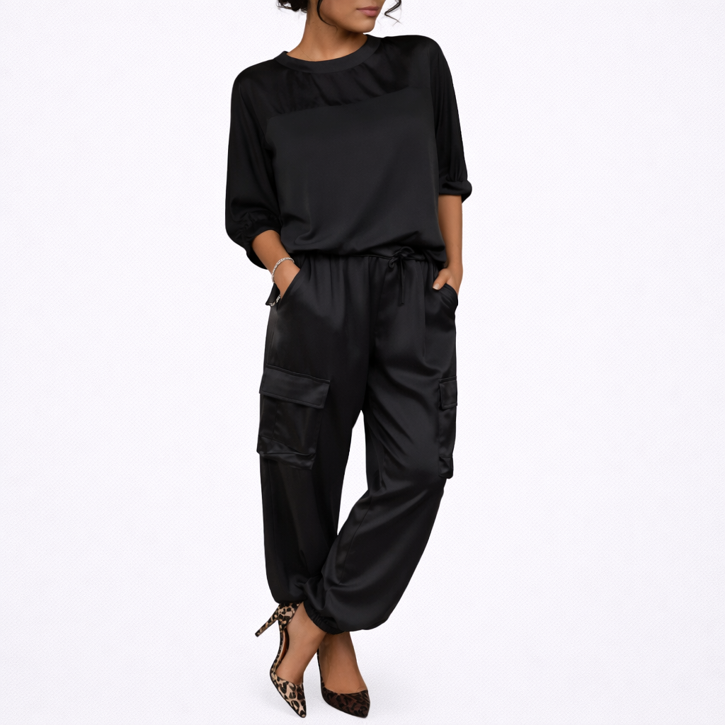 Begoña - Conjunto Satinado Elegante con Blusa y Pantalón