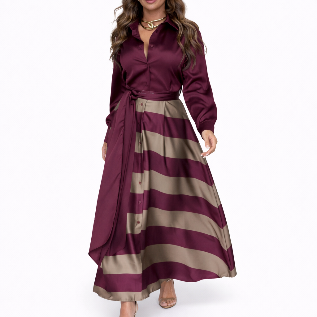 Tatiana – Vestido largo elegante a rayas con cinturón ajustable