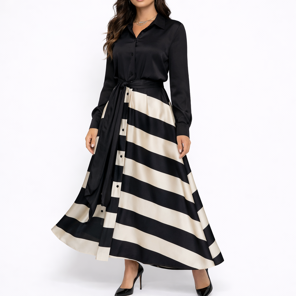Tatiana – Vestido largo elegante a rayas con cinturón ajustable