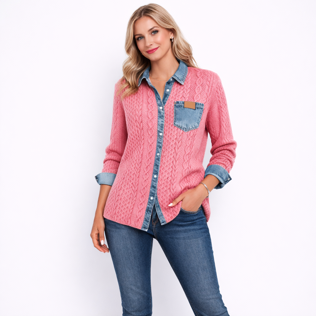 Olivia – Blusa de Punto Trenzado con Detalles en Denim