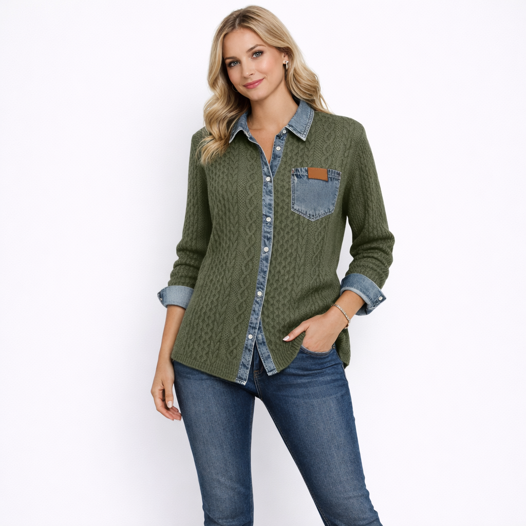 Olivia – Blusa de Punto Trenzado con Detalles en Denim