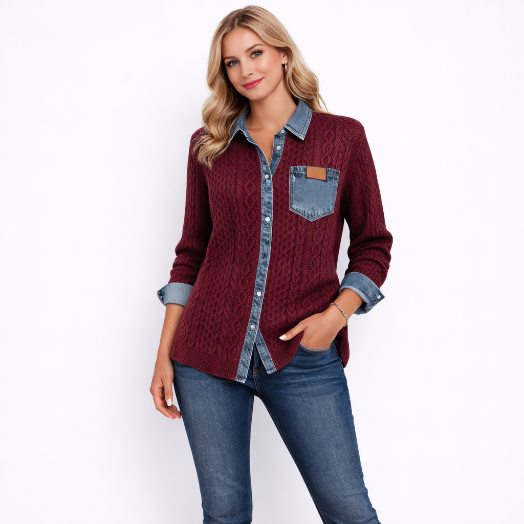 Olivia – Blusa de Punto Trenzado con Detalles en Denim