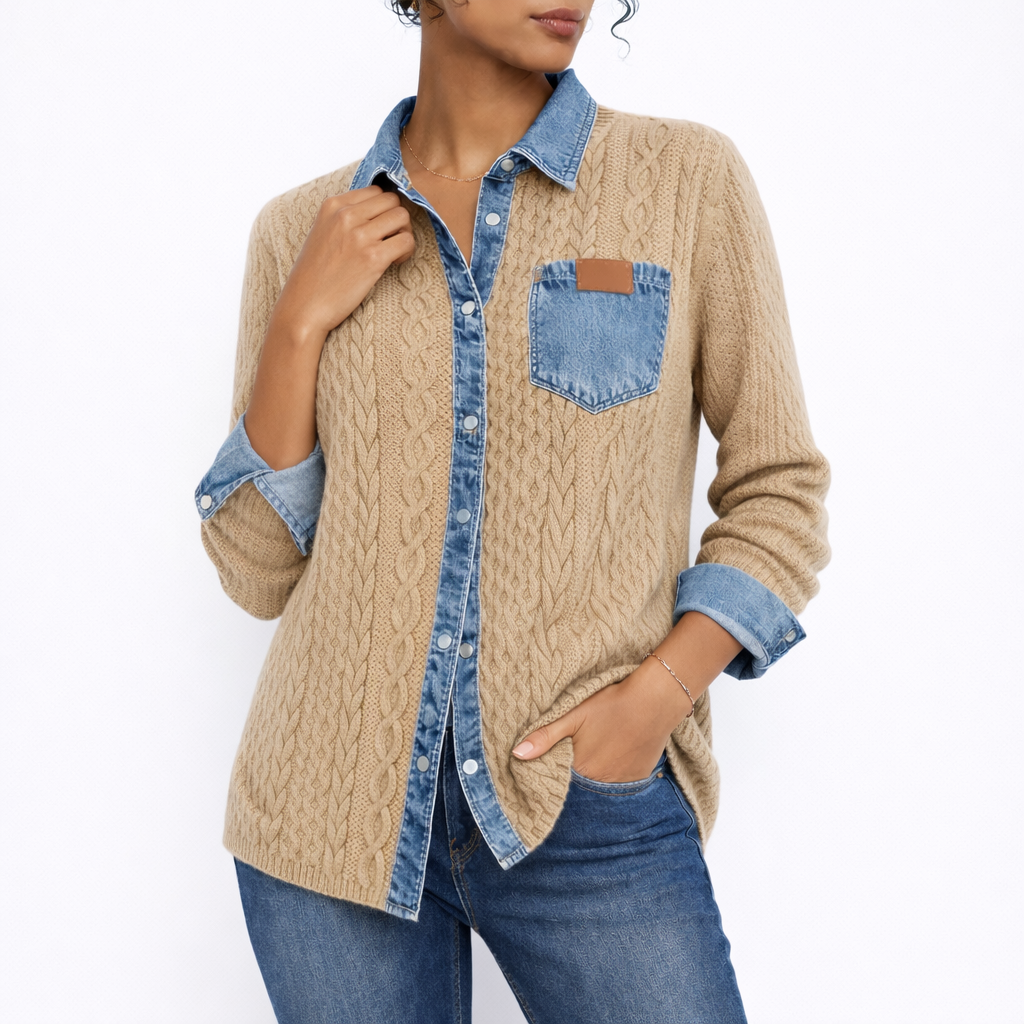 Olivia – Blusa de Punto Trenzado con Detalles en Denim