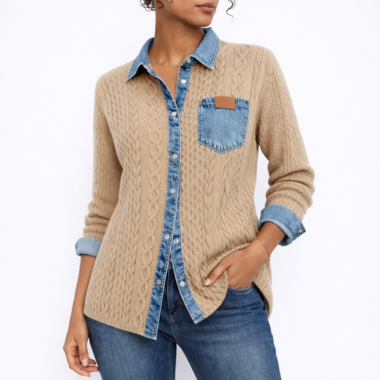 Olivia – Blusa de Punto Trenzado con Detalles en Denim